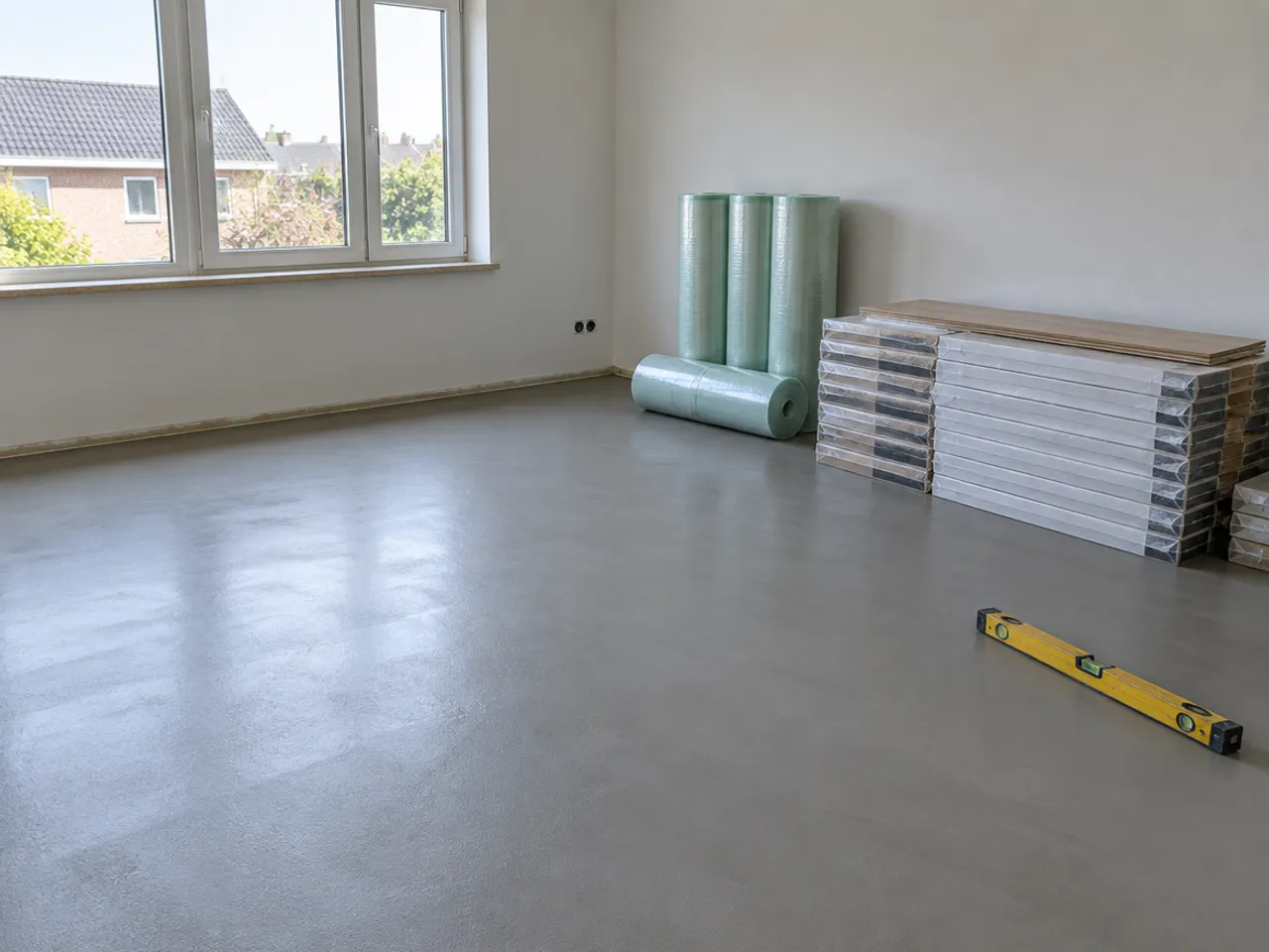 Sfeerbeeld: lege kamer met geëgaliseerde dekvloer, ondervloerrollen en pakken vloerdelen